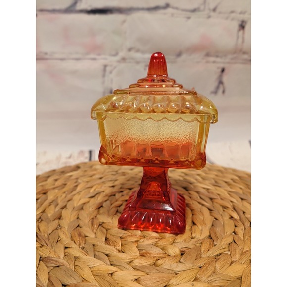 Vintage Jeannette Amberina Art Glass Covered Footed Candy Dish Wedding Box USA - Picture 3 of 7